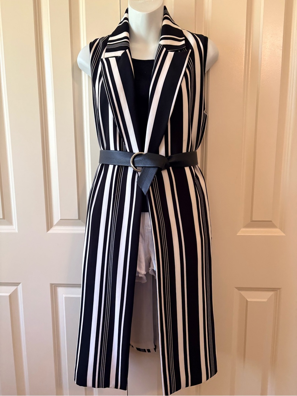 Black and White Striped Sleeveless Duster  long vest, belt not included
